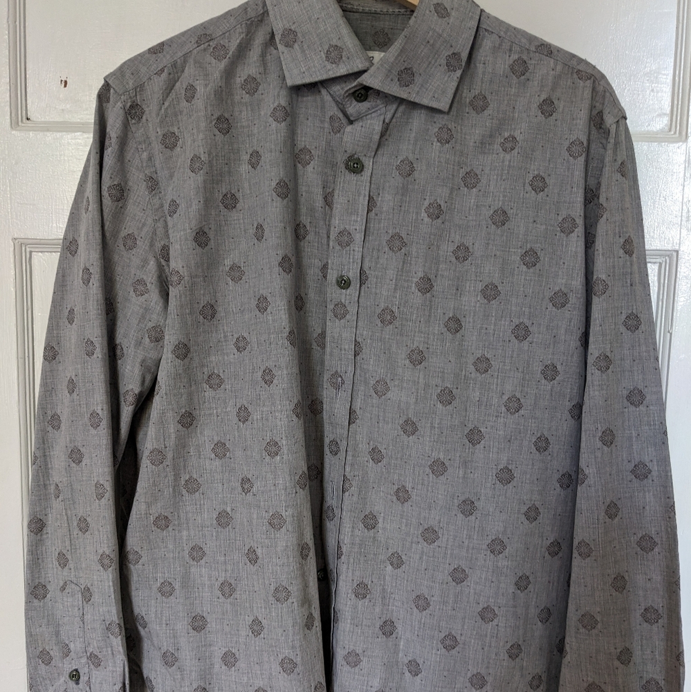 Gray folk embroidered dress shirt, Robert Graham, Medium